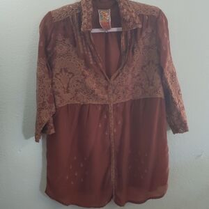 Johnny Was Rust Lace Blouse Tunic Embroidery 3\4 Sleeves